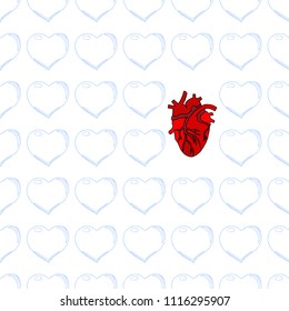 Seamless hearts pattern. Vector illustration of a seamless pattern of hearts and a human heart. Hand drawn  print seamless heart. Valentine's day symbol. 