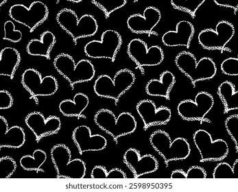 Seamless hearts pattern. White crayon stroke love symbols in doodle style. Ornament of hand drawn kid hearts elements. Graffiti monochrome signs drawn by wax pencil. Vector illustration.