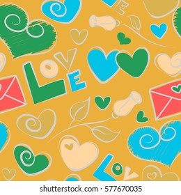 Seamless hearts and rose pattern in green, pink and yellow colors. Creative Valentine style seamless pattern. Print card, cloth, clothing, wrapping, fabric, gift, banner, poster, greeting, invitation.