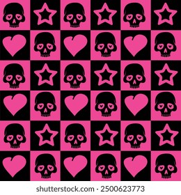 Seamless with hearts and skulls. Vector pattern. Black and pink checkered seamless geometric pattern.