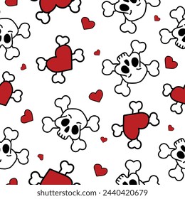 Seamless with hearts and skulls.Pattern with skulls on white background.Rock style.