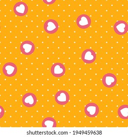 Seamless hearts vector pattern. Repeat circle background with cute love elements. Trendy yellow valentines fashion print design. Modern illustration.