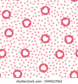 Seamless hearts vector pattern. Repeat circle background with cute love elements. Trendy pink polka dot valentines fashion print design. Modern illustration.