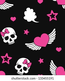 Seamless with hearts, wings and skulls