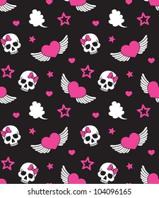 Seamless with hearts, wings and skulls. Vector version.