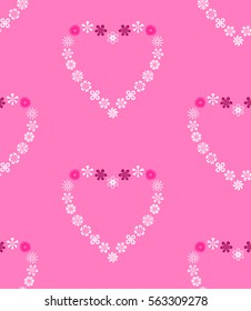 Seamless hearty wreath pattern. Heart signs of flower garland. Love symbols texture. Holiday, birthday, Valentine day, sale theme. Magenta, pink, white figures on rosy background. Vector