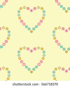 Seamless hearty wreath pattern. Heart sign garland. Texture of love symbols. Holiday, birthday, Valentine day, sale theme. Magenta, yellow figures on cream light background. Vector