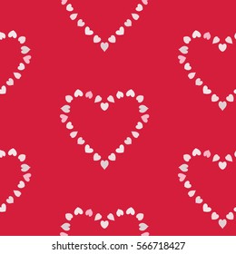 Seamless hearty wreath pattern. Heart sign garland. Texture of love symbols. Holiday, birthday, Valentine day, sale theme. White figures on red background. Vector