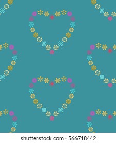 Seamless hearty wreath pattern. Heart sign garland. Texture of love symbols. Holiday, birthday, Valentine day, sale theme. Yellow, magenta figures on blue background. Vector