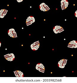 Seamless hectic pattern with Mexican skulls. Dia de los muertos style. Native American codex symbol of Aztec Indians.
