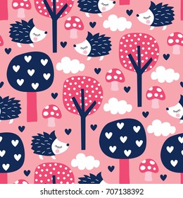 seamless hedgehogs and forest pattern vector illustration