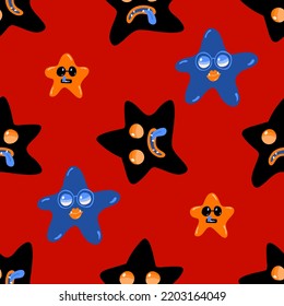Seamless hello halloween party bright pattern with blue and black smiling and sad star faces on red background for holiday wrapping or gift paper and kids apparel