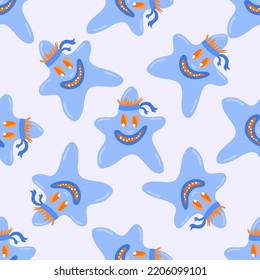Motif harmonieux d'halloween. Un bleu pâle, de grands visages d'étoiles de mer souriantes avec des yeux. Arrière-plan vacances. Pour les enfants, le textile. Enveloppement et papier cadeau 