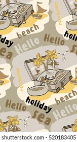 seamless hello summer, sea, sun, beach, vacation, drawing funny duck, trunk, tree, fish, boat, sand, text