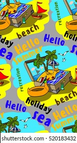 seamless hello summer, sea, sun, beach, vacation, drawing funny duck, trunk, tree, fish, boat, sand, text