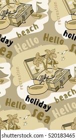 seamless hello summer, sea, sun, beach, vacation, drawing funny duck, trunk, tree, fish, boat, sand, text