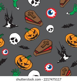 Patrón Helloween sin soldadura, calabaza, calavera, castillo, murciélago, globo ocular, mano zombie