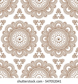 Seamless henna brown pattern mandala mehndi floral lace elements of buta decoration items on white background. Vector floral wedding decorative elements isolated.
