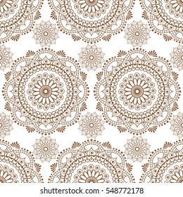 Seamless henna brown pattern mandala mehndi floral lace elements of buta decoration items on white background. Vector wedding decorative elements isolated.