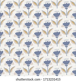 
Seamless herb floral pattern in french blue linen shabby chic style. Hand drawn country bloom texture. Rustic woven background. Kitchen towel home decor swatch. Simple flower motif all over print