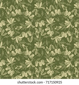 Seamless herbaceous background with olive flowers and leaves. Ideal for printing on fabric or paper. Vector illustration.