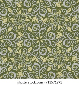 Seamless herbaceous background with olive and grey pattern in baroque style. Vector retro illustration. Ideal for printing on fabric or paper.