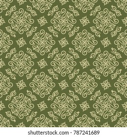 Seamless herbaceous background with olive pattern in baroque style. Vector retro illustration. Islam, Arabic, Indian, ottoman motifs. Perfect for printing on fabric or paper. 