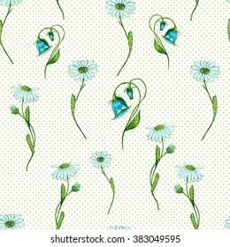 Seamless herbal background with flower of chamomile and bell. Hand drawn vector illustration.
