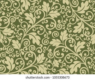 Seamless herbal background with olive pattern in baroque style. Vector retro illustration. Ideal for printing on fabric or paper for wallpapers, textile, wrapping. 