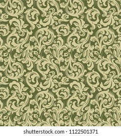 Seamless herbal background with olive pattern in baroque style. Vector retro illustration. Ideal for printing on fabric or paper for wallpapers, textile, wrapping. 