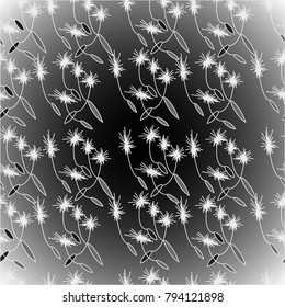Seamless herbal natural pattern, seeds dandelion on grey background. Black and white vector illustration.
