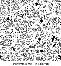 Color blanco y negro de las plantas sin selva formado por flores, hojas, plantas, naturaleza, aislado en fondo blanco, doodles de la cosecha