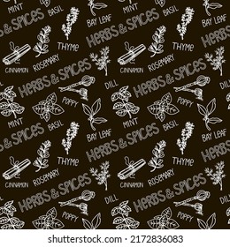 Seamless herbal pattern, drawn element in doodle style. Silhouettes of herbs, spices and names on a white background - cumin, rosemary, basil, bay leaf, etc. Pattern in a fashionable linear style.