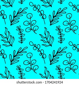 Seamless herbal pattern with eucalyptus and twigs on turquoise background.. Vector illustration for wallpaper, textile, print, billboard, background. Doodle style.	
