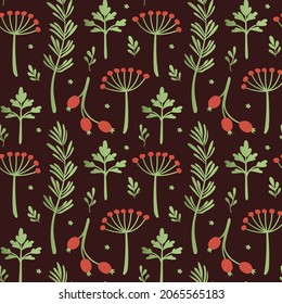 Seamless herbal pattern in flat style on dark background. For products organic, natural cosmetics, merch, card, marketing. Green plants and herbs, pink berries.