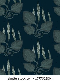 Seamless herbal pattern Great plantain, Plantago major. Medicinal plant wild field flower on a dark blue background.