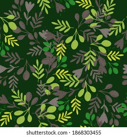 Patrón de hierbas sin foco con adorno botánico folclórico verde. Flores y hojas tiras de dibujos animados. Diseño gráfico para envolver texturas de papel y tela. Ilustración vectorial.