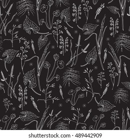 Seamless herbal pattern, hand-drawn in vector. Black background.