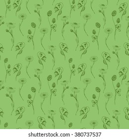 Seamless herbal pattern with  herbs and wildflowers. Ink drawn vector illustration in vintage style.