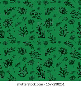 
Seamless herbal pattern with ornate flowers and twigs. Vector illustration for wallpaper, textile, print, billboard, background. Doodle style.