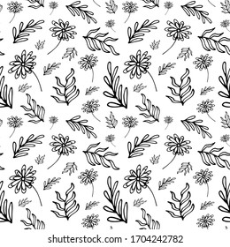 Seamless herbal pattern with ornate flowers and twigs on white background. Vector illustration for wallpaper, textile, print, billboard, background. Doodle style.	