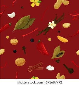 Seamless herbs pattern with seasoning and spices elements. Vector food texture.