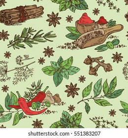 Seamless with herbs and spice. Bay leaf, clover, basil,thyme, mint, dill, stars anise, cinnamon. hand drawn.