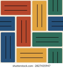Seamless herringbone parquet pattern with colourful planks in rust ochre green and blue on cream grout, geometric floor background