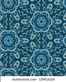 Seamless hex background made of curls. Blue and gold on dark background.
