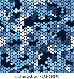 Seamless hex digital air force spot camo texture for army or hunting textile print. Vector hexagonal futuristic military camouflage pattern. Blue, white and black color palette