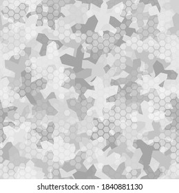 Seamless Hex Digital Arctic Snow Spot Camo Texture For Army Or Hunting Textile Print. Vector Hexagonal Futuristic Military Camouflage Pattern. Snow White And Gray Color Palette