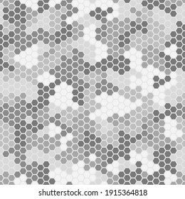 Seamless hex digital arctic snow spot camo texture for army or hunting textile print. Vector hexagonal futuristic military camouflage pattern. Snow white and gray color palette