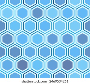 Seamless hexagon background. Bold rounded hexagons mosaic pattern with inner solid cells. Blue color tones. Large hexagon shapes. Tileable pattern. Seamless vector illustration.