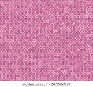 Seamless hexagon background. Bold rounded stacked hexagons mosaic pattern. Pink color tones. Regular hexagon shapes. Tileable pattern. Seamless vector illustration.